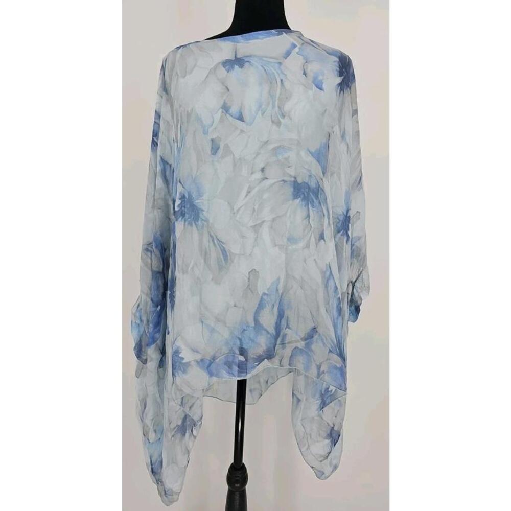 Tempo Paris Kimono Top Large Blue Silk Blend Floral Sheer Overlay Oversized